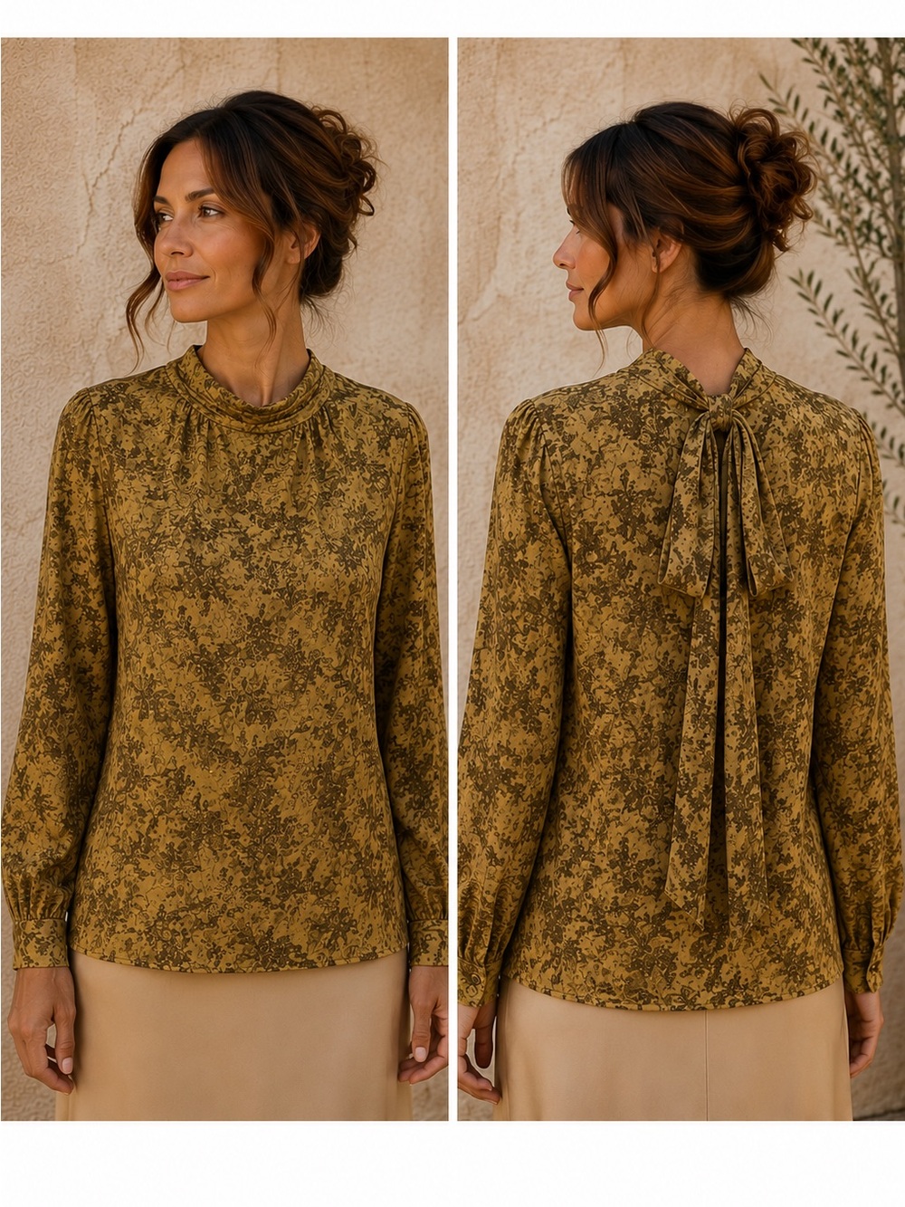 Linda Allard Ellen Tracy 100% Silk Abstract Herringbone Tie Neck Blouse Size 8